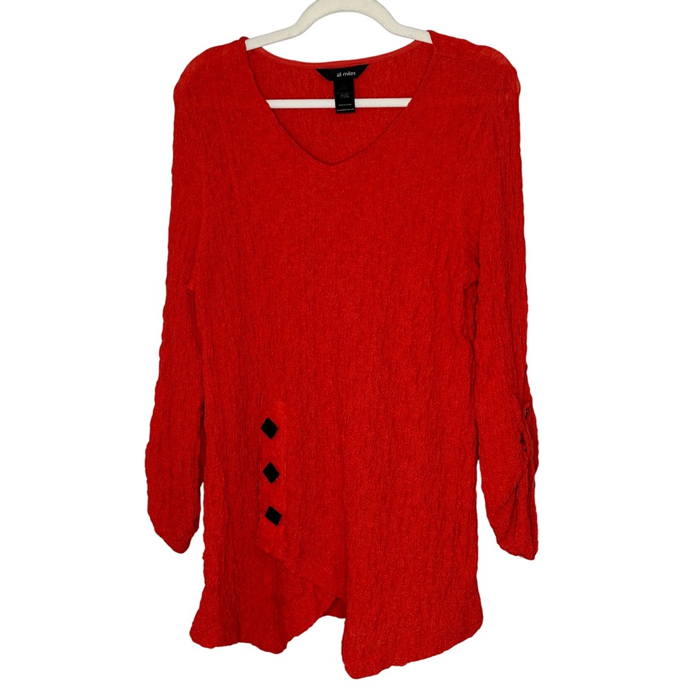 Ali Miles Red Textured V-Neck Tunic Top Women's Large Button Lagenlook